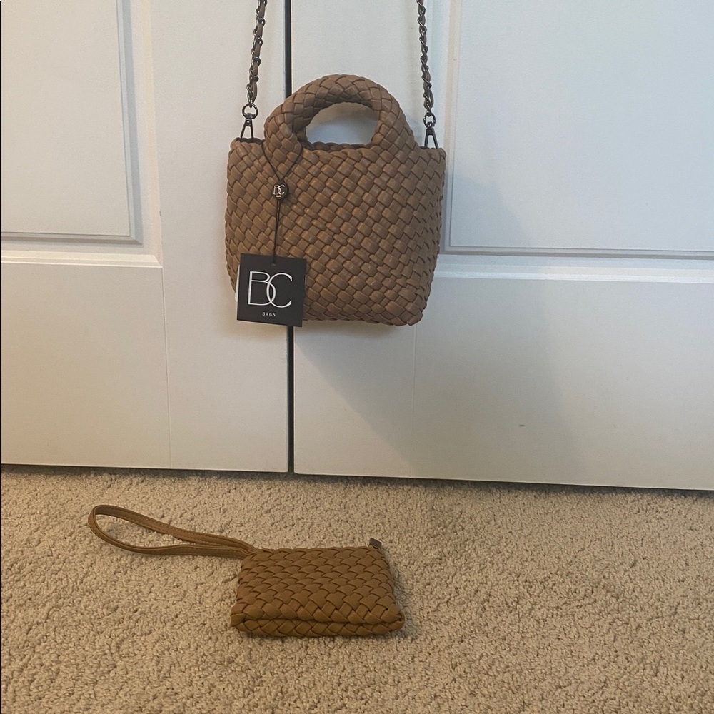 BC bags Tan/Brown/Taupe Mini woven braided Tote with Matching Pouch